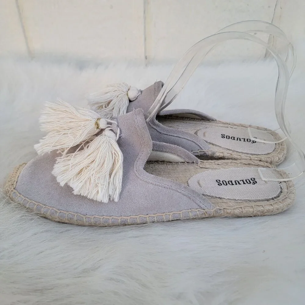 Soludos Tassel Espadrille Mules Womens size 7 Shoes Flats Natural Suede Gray